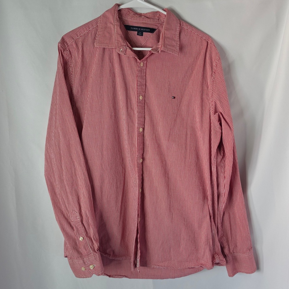 Tommy Hilfiger Button Down Shirt Large Red Gingham Preppy Classic Cotton Stretch